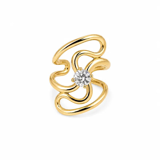 Gold-tone crystal flower ring with abstract swirl design and sparkling center stone for women by Czarca.