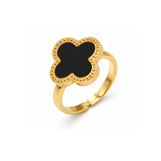 Gold-tone black clover ring with elegant floral design and minimalist luxury style for women by Czarca.
