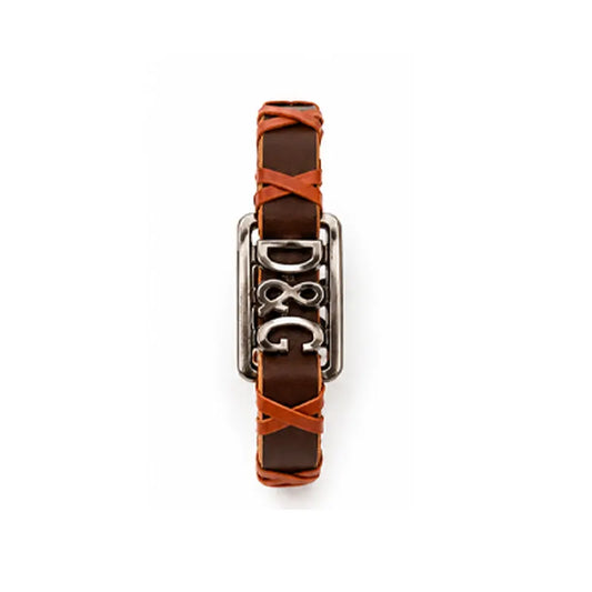 Bracelet with brown and orange leather strap and silver D&G logo on a white background