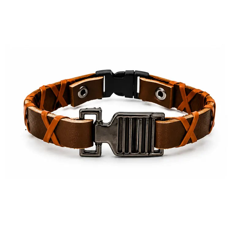 Brown leather bracelet with black metal clasp on a white background