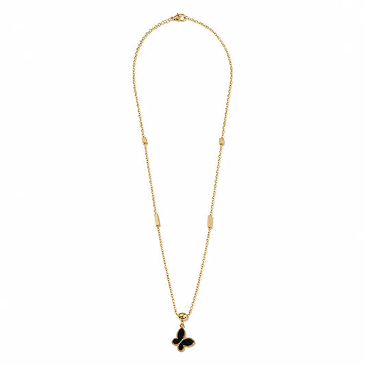 Gold-tone butterfly pendant chain necklace with black enamel charm and elegant minimalist design for women.