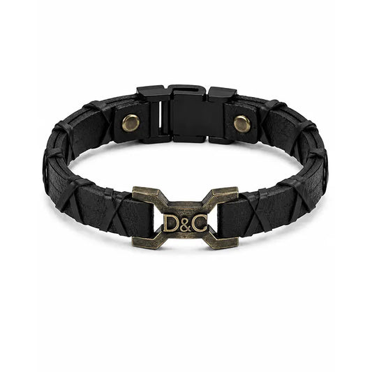 Black leather bracelet with metal clasp on a white background