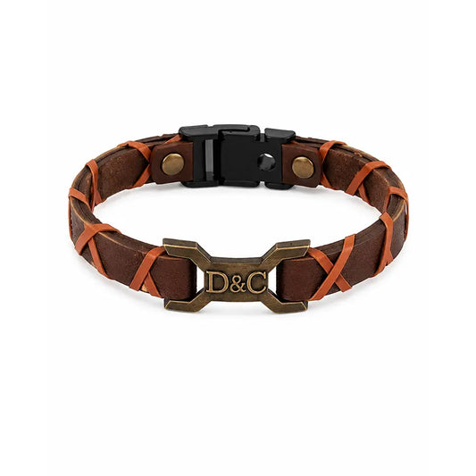 Brown leather bracelet with orange accents and a black clasp on a white background