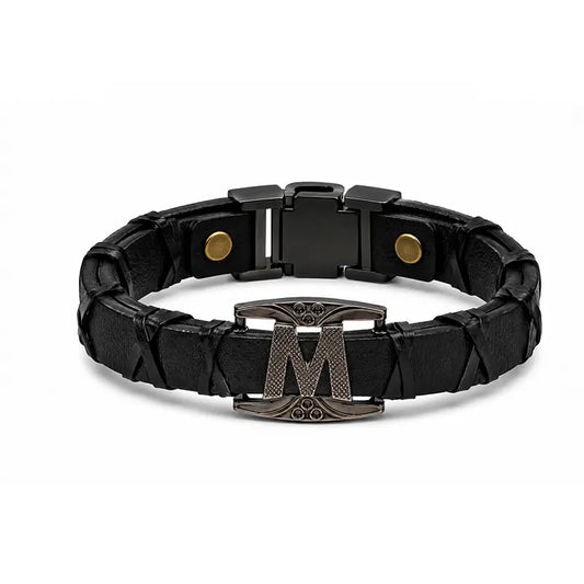 Black braided bracelet with a metallic clasp on a white background