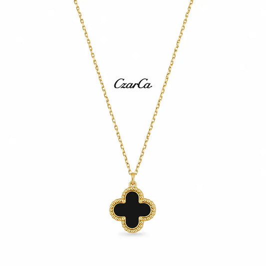 Gold-tone black clover pendant necklace with elegant minimalist chain design for women by Czarca.