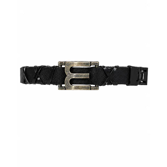 Black leather belt with a silver buckle on a white background