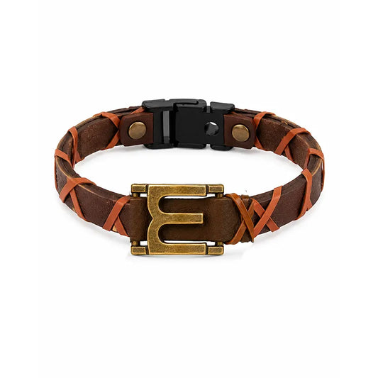 Brown leather bracelet with a gold 'E' clasp on a white background