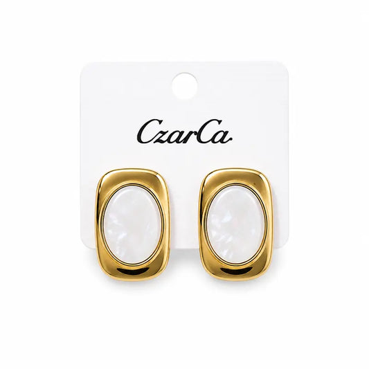 Gold-tone pearl earrings with elegant rectangular frame and minimalist luxury design for women by Czarca.