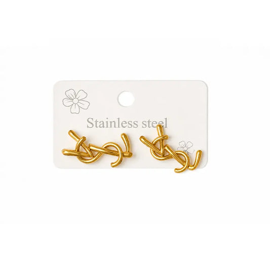 Gold earrings on a white card with 'Stainless steel' text